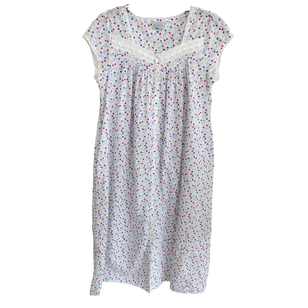 Lanz of Salzburg Strawberries Floral Lightweight Cotton Cap-Slv Nightgown Medium